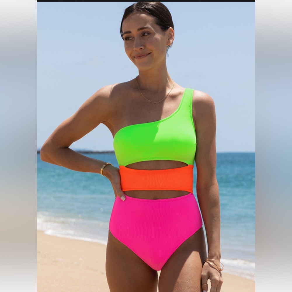 Popvil One Shoulder Color Block Waist Cutout One Piece Swimsuit